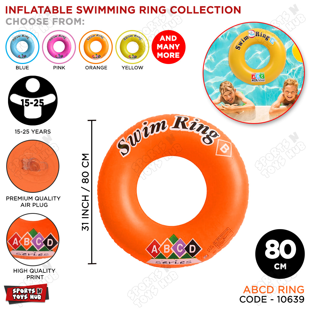 Inflatable ABCD 80 CM 15 to 25 Age Swimming Ring Tube