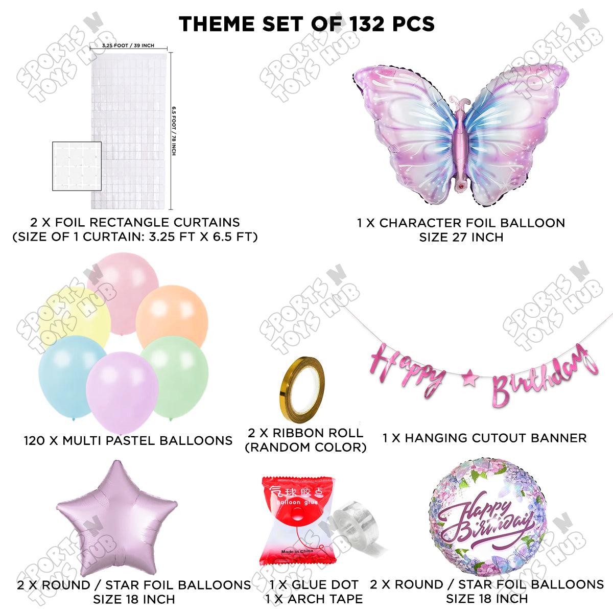 Butterfly Foil Balloon Set With Happy Birthday Cursive Banner Arch Theme - Pack Of 132