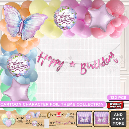 Butterfly Foil Balloon Set With Happy Birthday Cursive Banner Arch Theme - Pack Of 132
