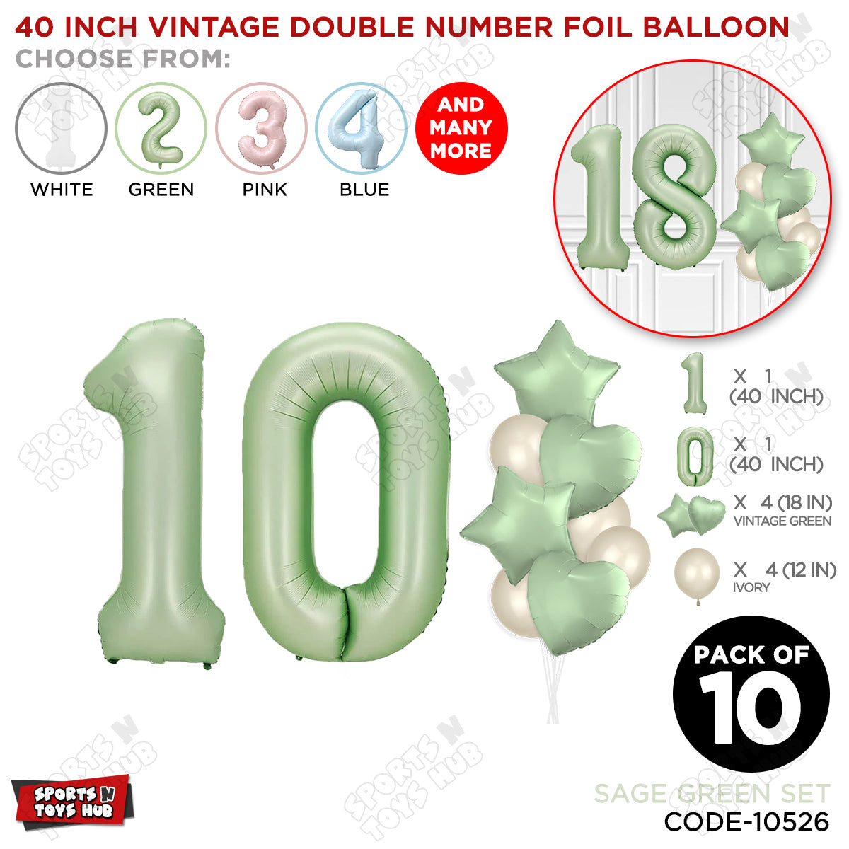 Sage Green Color 40 Inch Number Foil Balloon Set