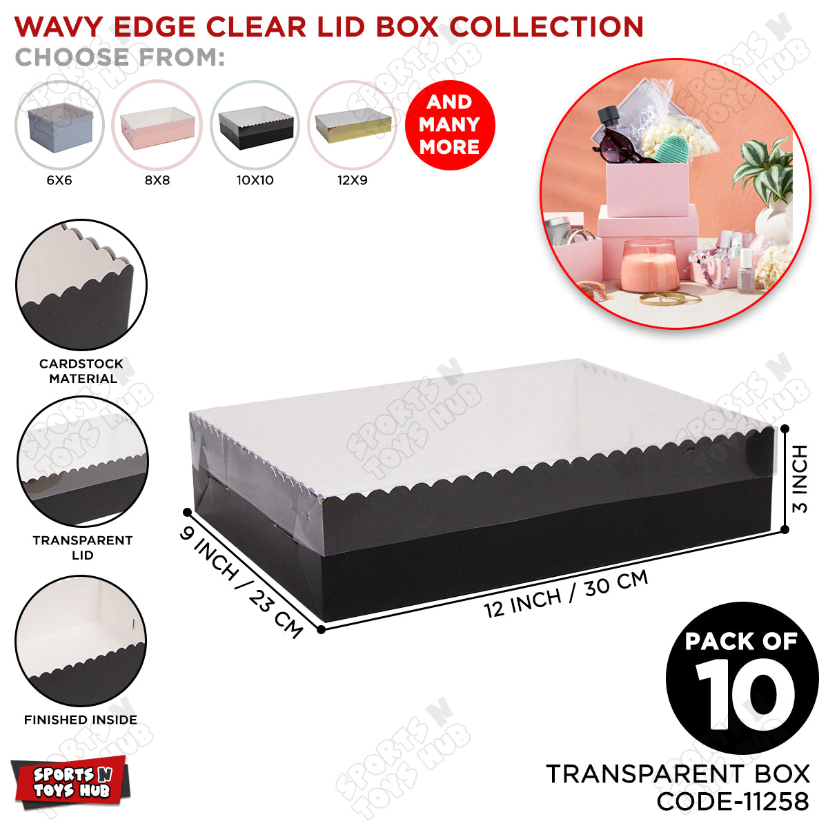 Wavy Edge Clear Lid Box 9x12x3 Inch - Pack Of 10
