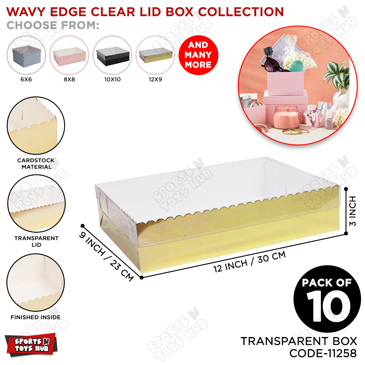 Wavy Edge Clear Lid Box 9x12x3 Inch - Pack Of 10
