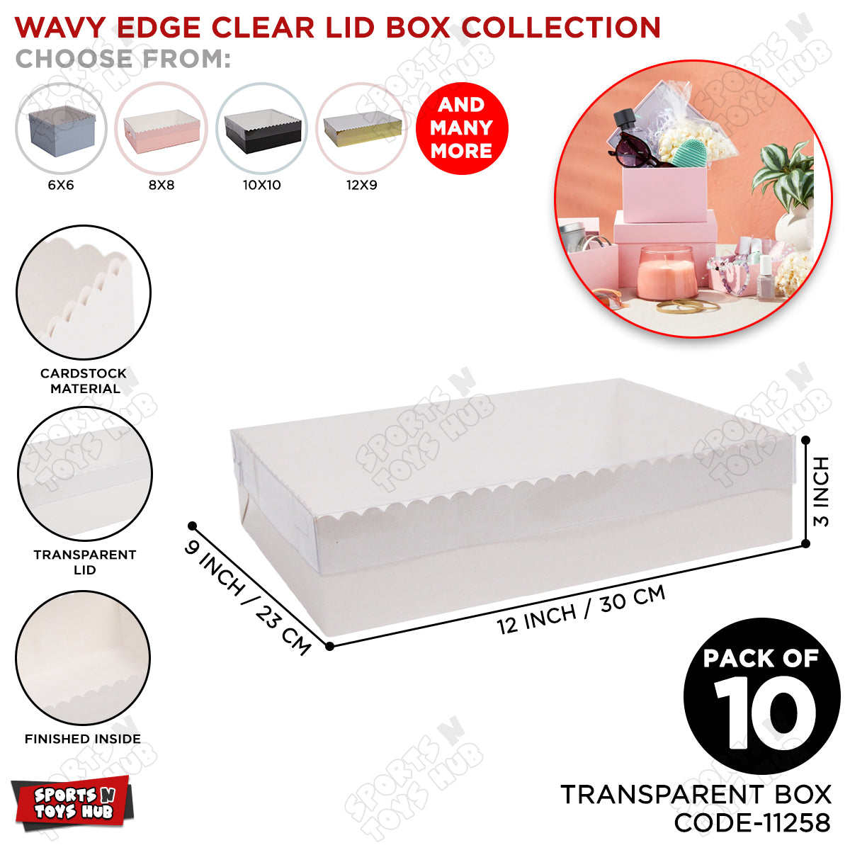 Wavy Edge Clear Lid Box 9x12x3 Inch - Pack Of 10