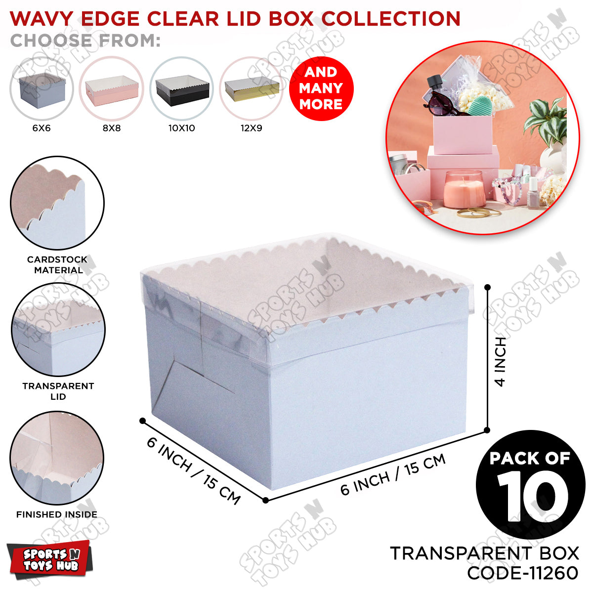 Wavy Edge Clear Lid Box 6x6x4 Inch - Pack Of 10