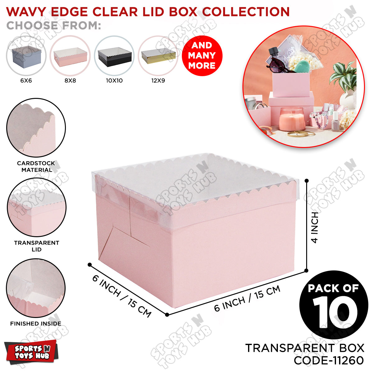 Wavy Edge Clear Lid Box 6x6x4 Inch - Pack Of 10