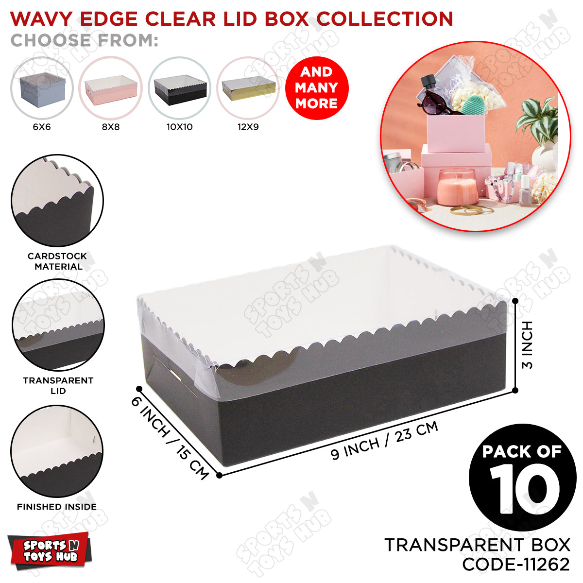 Wavy Edge Clear Lid Box 6x9x3 Inch - Pack Of 10