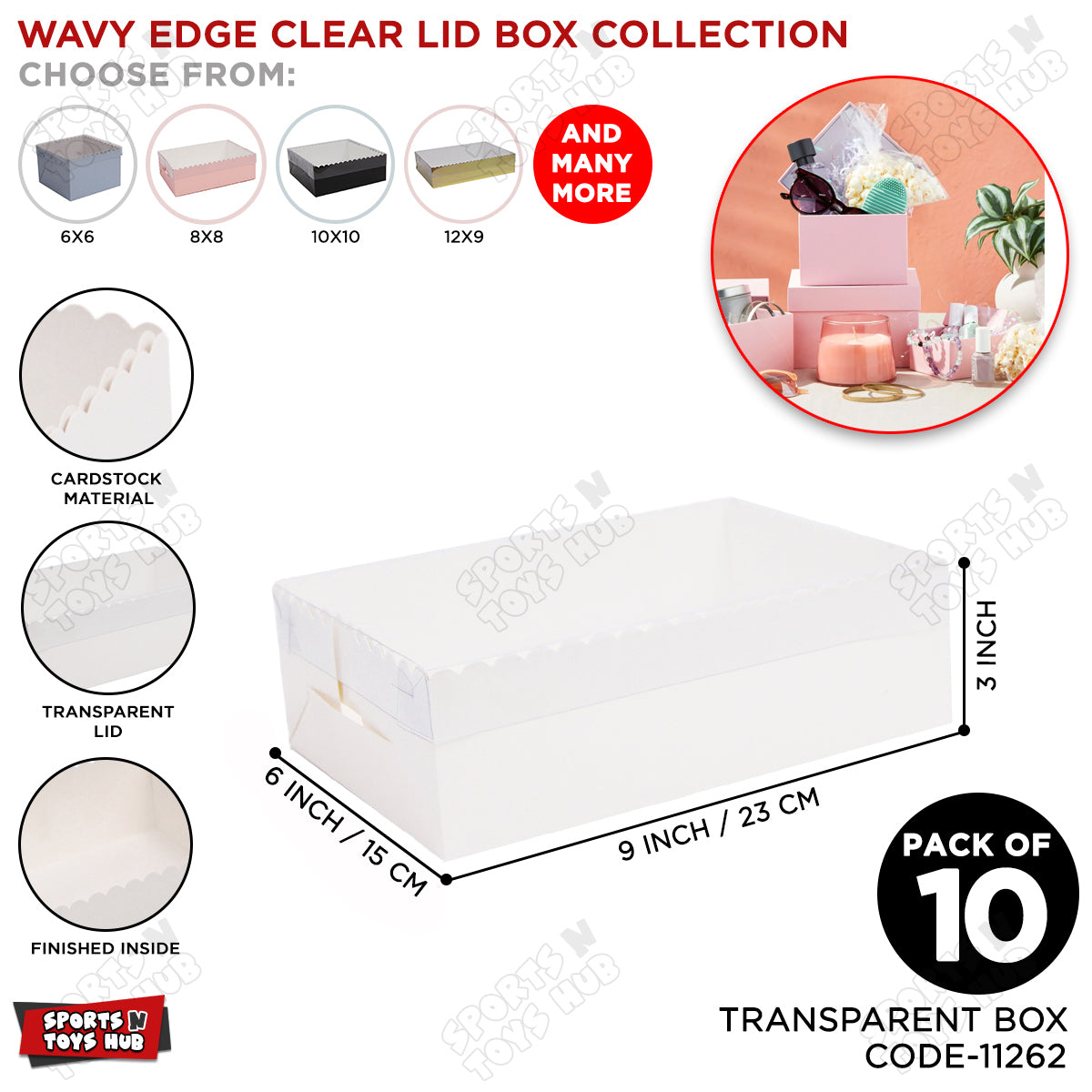 Wavy Edge Clear Lid Box 6x9x3 Inch - Pack Of 10