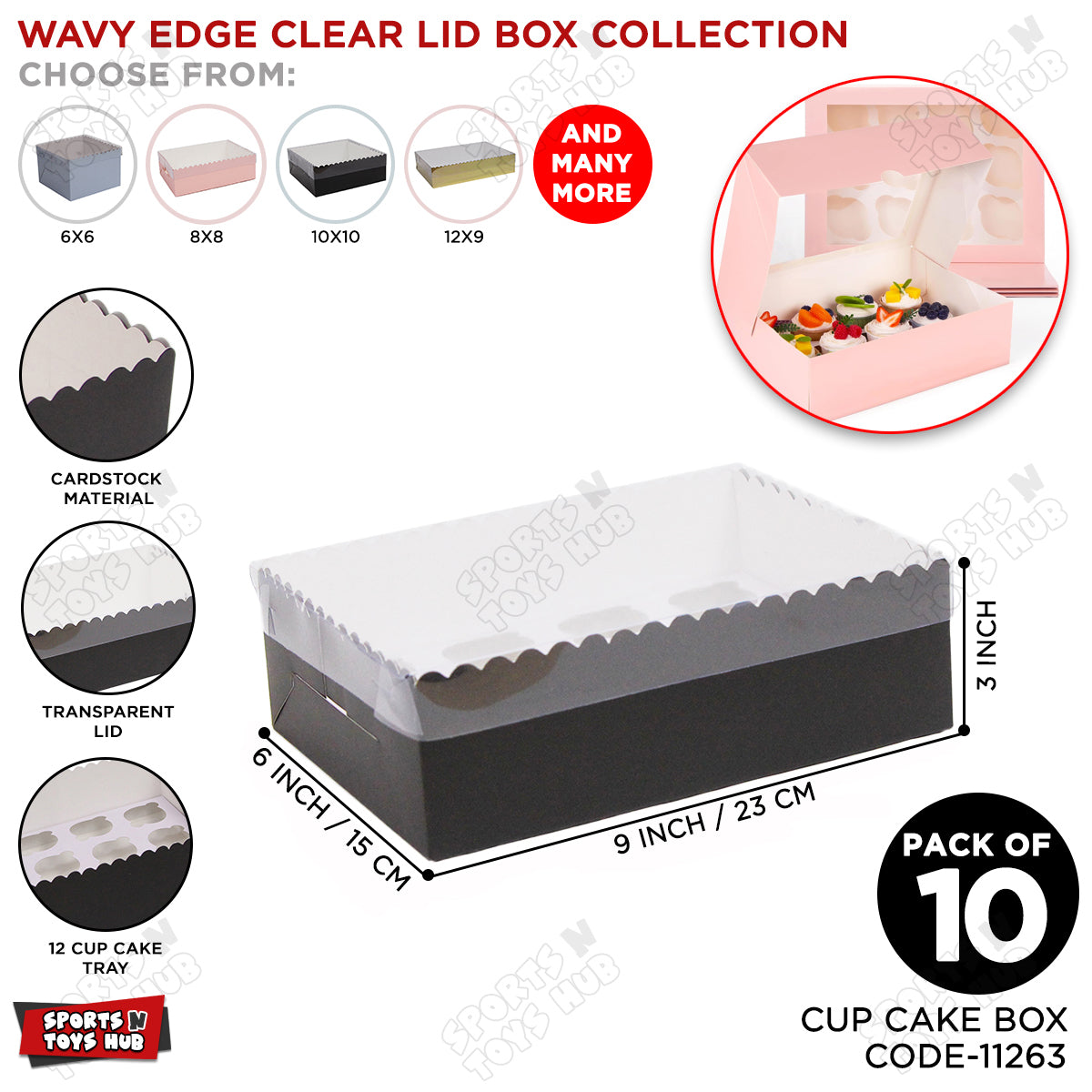 Wavy Edge Clear Lid Box With 12 Mini Cup Cake Tray 6x9x3 Inch - Pack Of 10