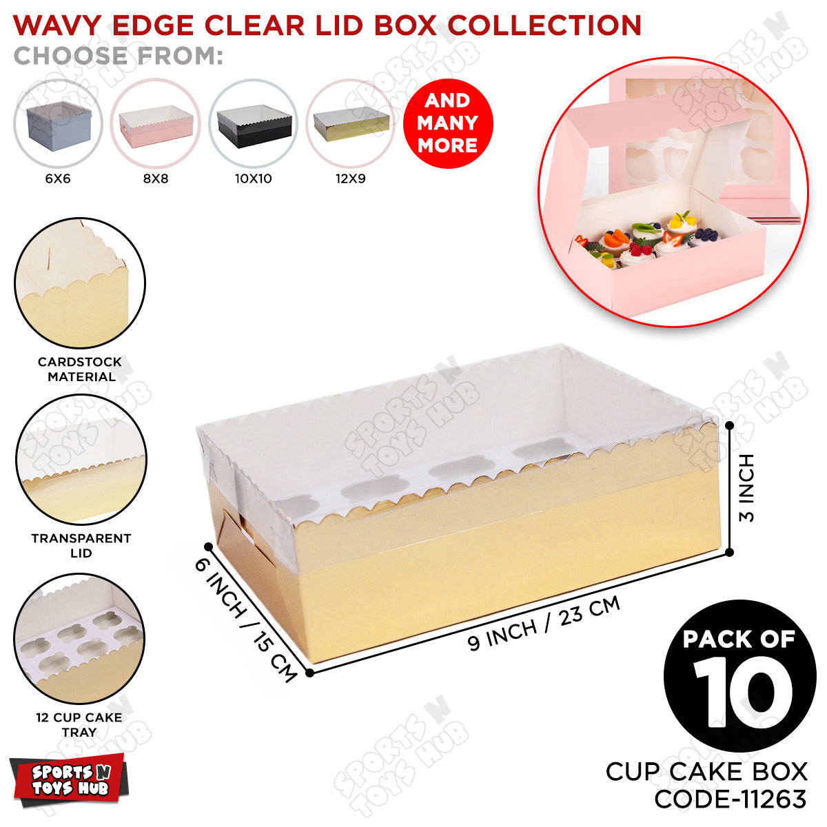 Wavy Edge Clear Lid Box With 12 Mini Cup Cake Tray 6x9x3 Inch - Pack Of 10