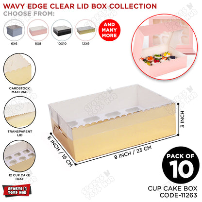 Wavy Edge Clear Lid Box With 12 Mini Cup Cake Tray 6x9x3 Inch - Pack Of 10