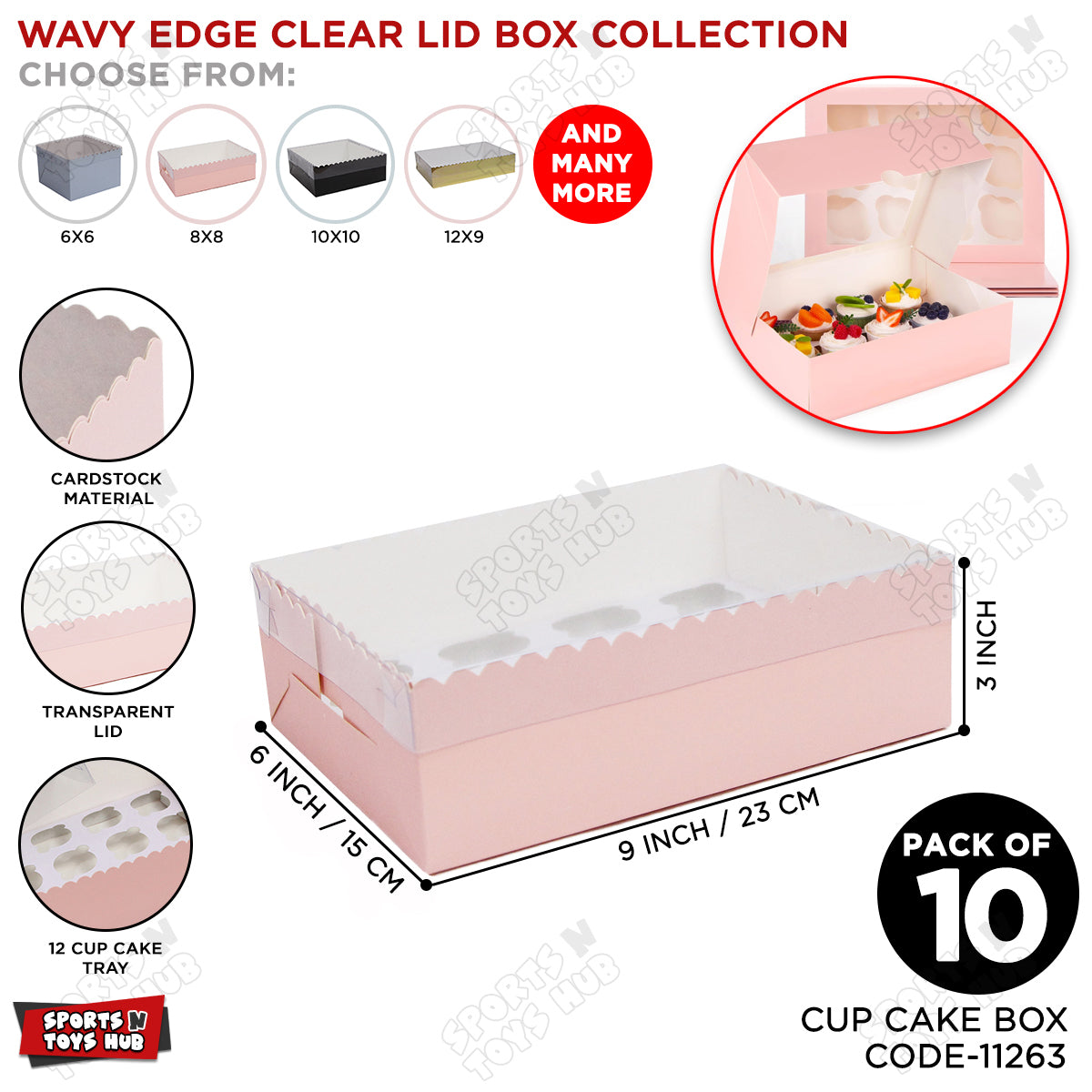 Wavy Edge Clear Lid Box With 12 Mini Cup Cake Tray 6x9x3 Inch - Pack Of 10