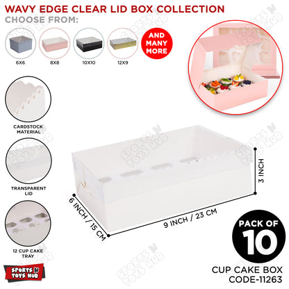 Wavy Edge Clear Lid Box With 12 Mini Cup Cake Tray 6x9x3 Inch - Pack Of 10