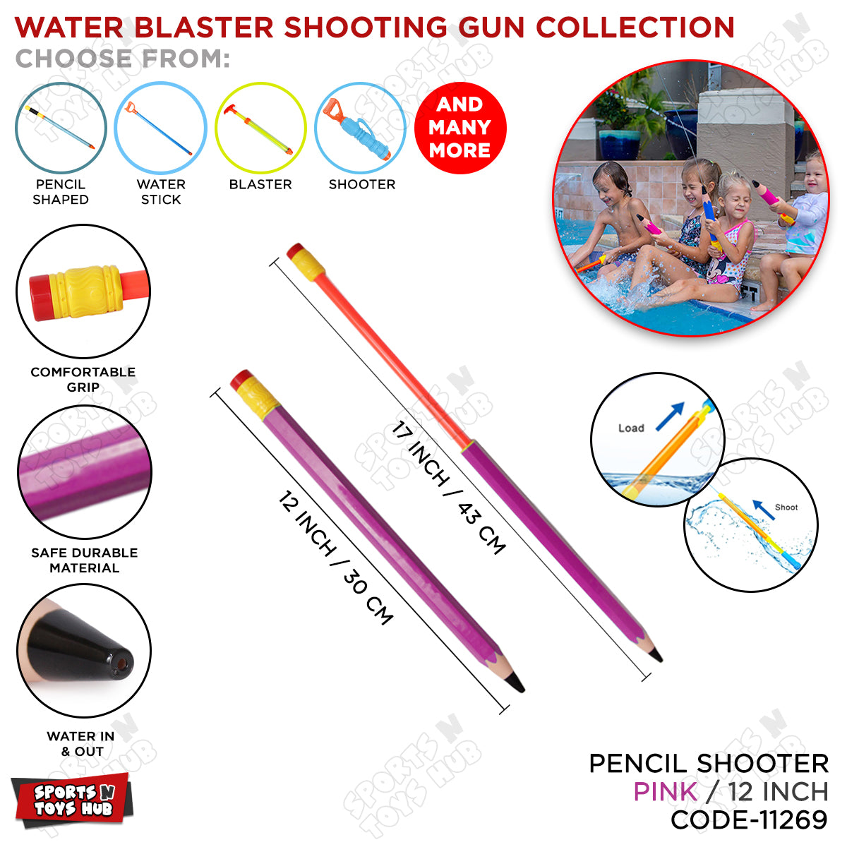 12 Inch Pencil Shape Water Shooter, Water Spray Toy Gun Easy To Refill Water Blaster Beach Pool Toys