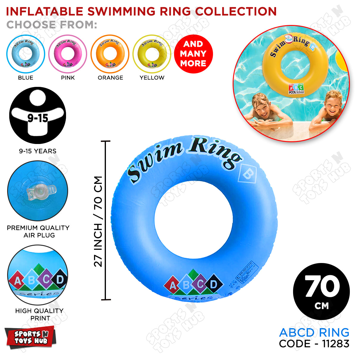 70 CM ABCD Inflatable Swimming Ring Tube - 9 to 15 Years