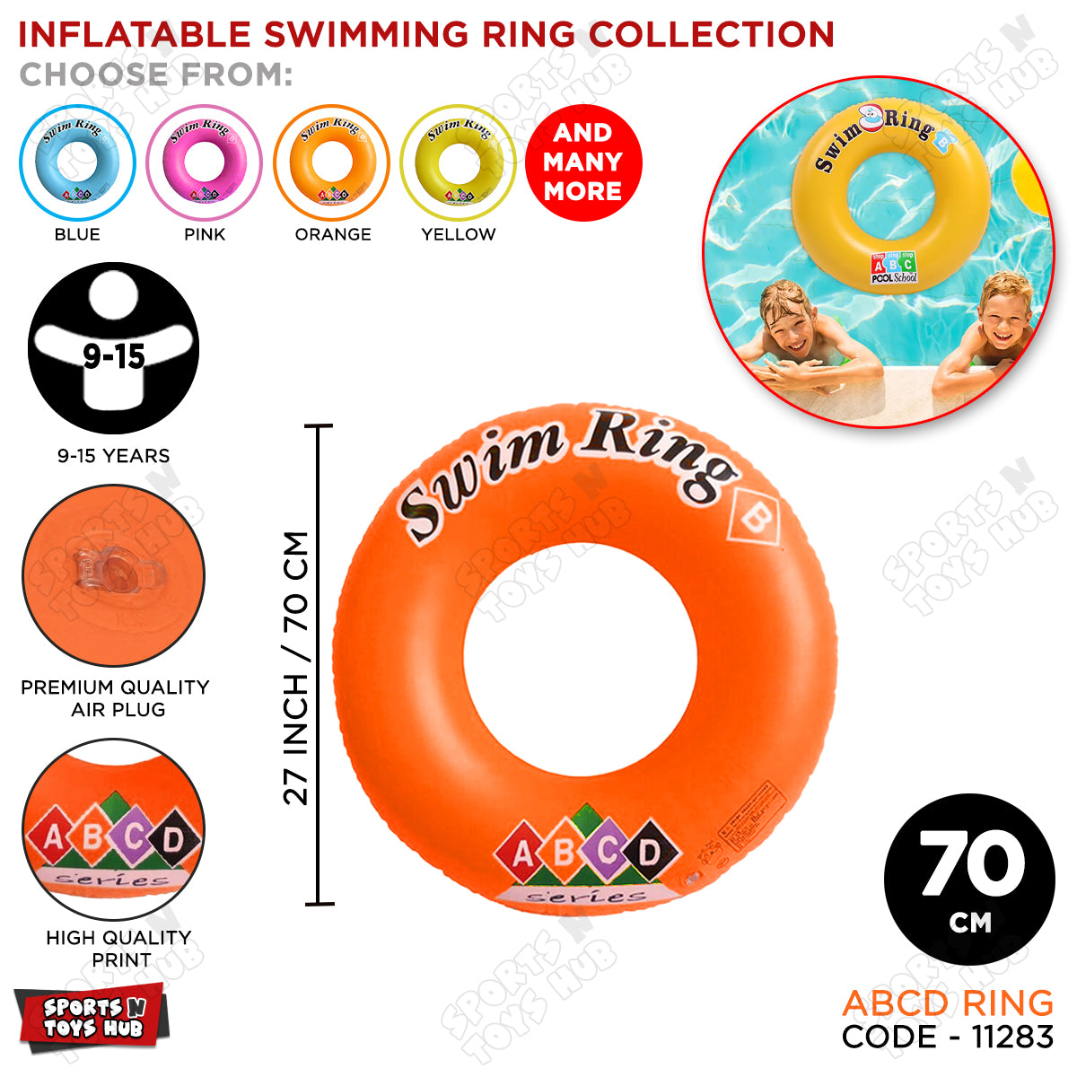 70 CM ABCD Inflatable Swimming Ring Tube - 9 to 15 Years