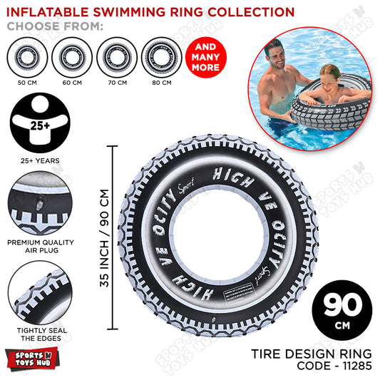 90 CM Printed Tyre Design Inflatable Swimming Ring Tube - Adults 25+ Years