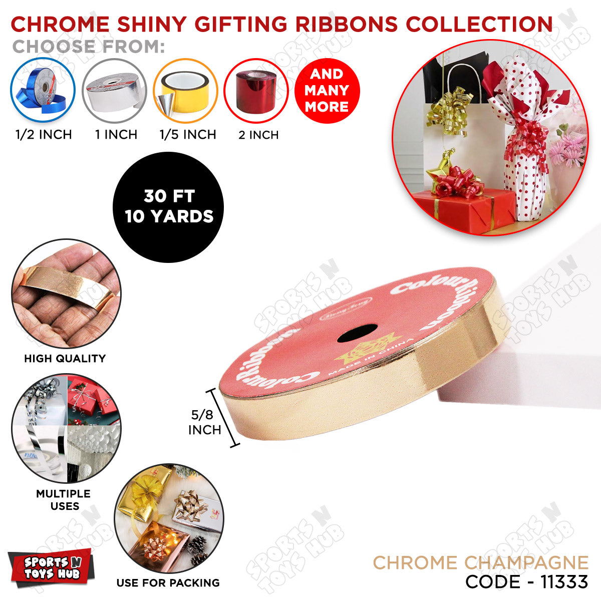 5/8 Inch x 10 Yards – Shiny Metallic Chrome Curling Ribbons for Bouquet Wrapping, Gift Packing & Party Decorations