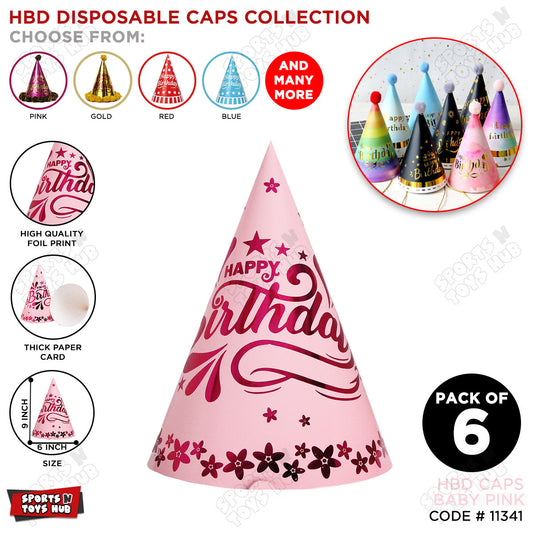 Happy Birthday Foil Printed Caps - Pack Of 6