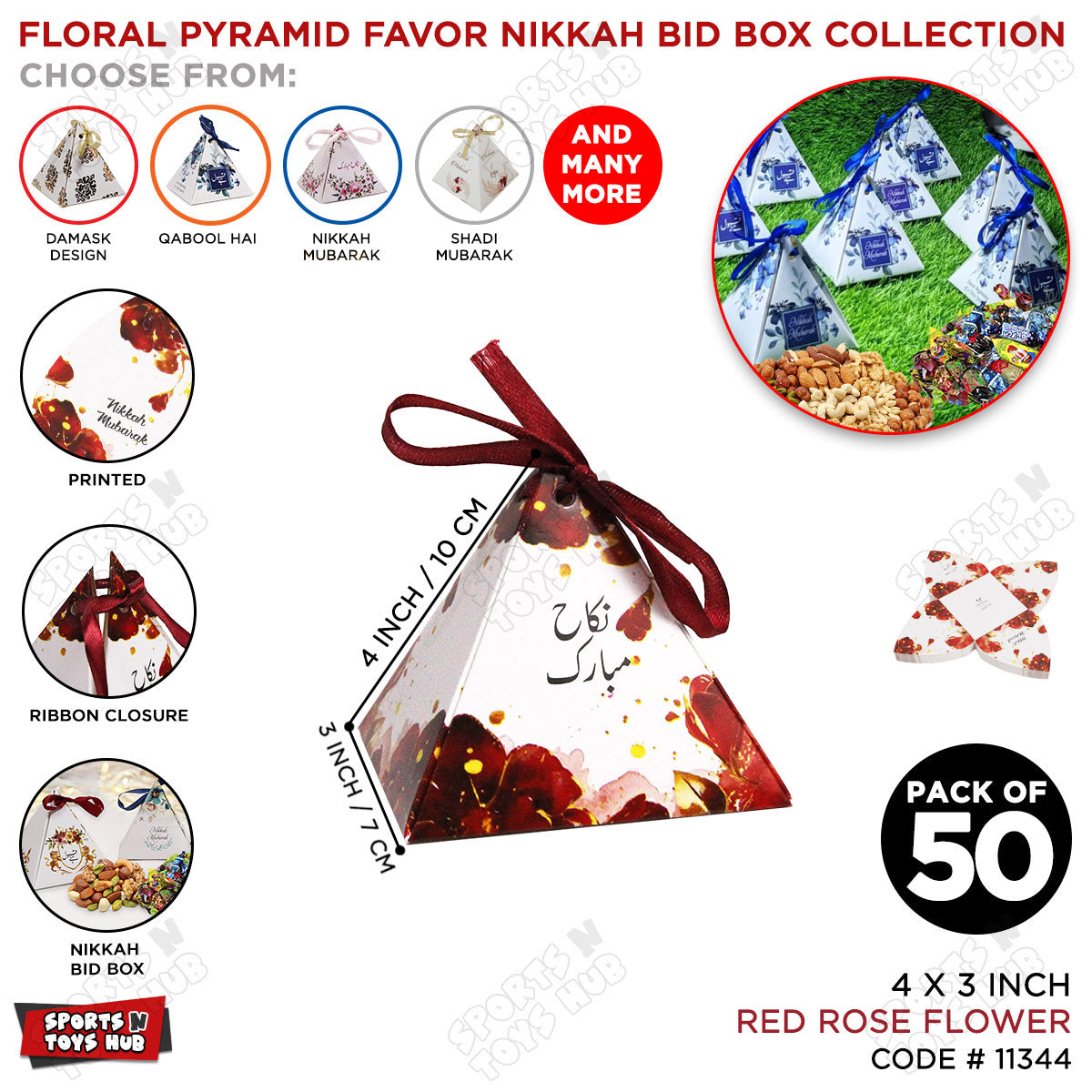 Floral Pyramid Favor Nikkah Mubarak Red Rose Flower Print Bid Box