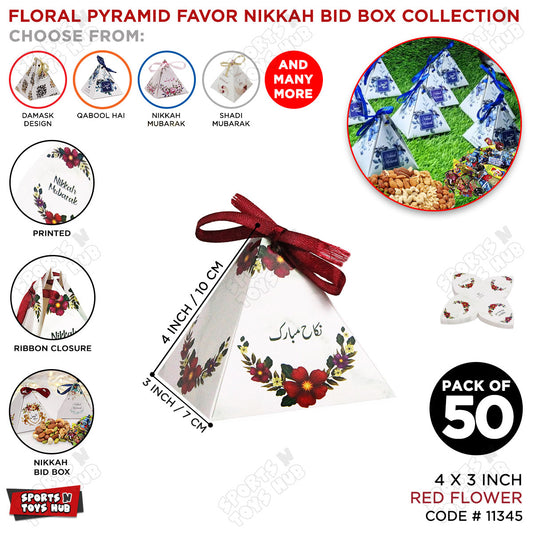 Floral Pyramid Favor Nikkah Mubarak Red Flower Print Bid Box