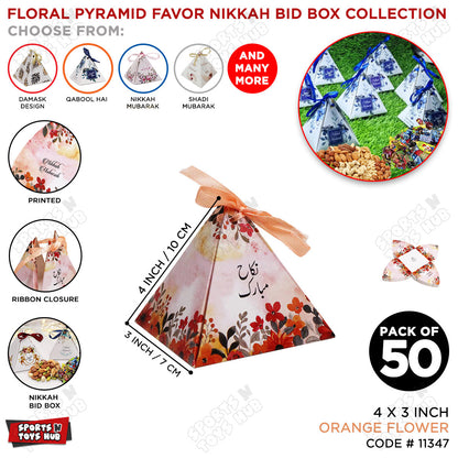 Floral Pyramid Favor Nikkah Mubarak Orange Flower Print Bid Box