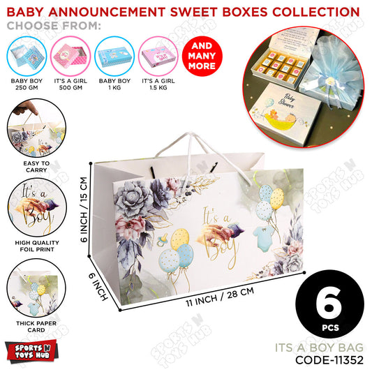 Its A Boy Printed Paper Bags - 11x6x6 Inch - Pack of 6