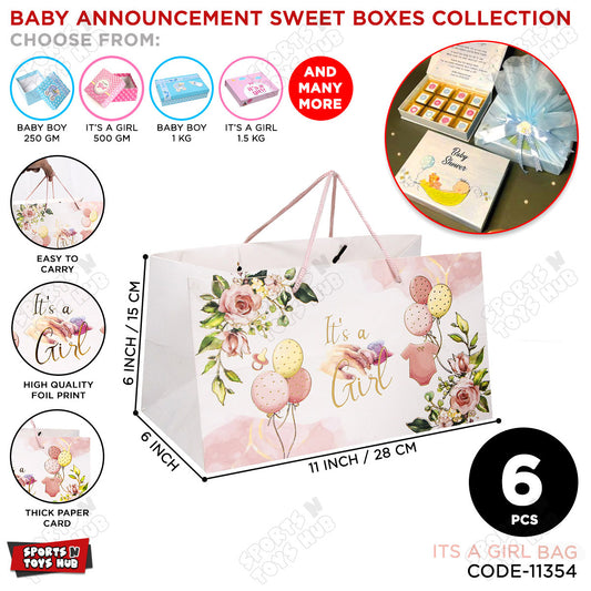 Its A Girl Printed Paper Bags - 11x6x6 Inch - Pack of 6