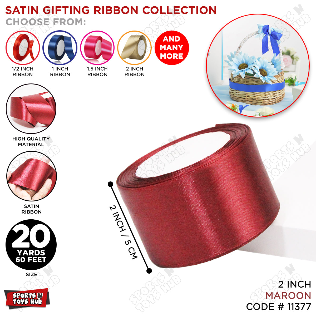 2 Inch x 20 Yards – Plain Satin Ribbon Roll for Ribbon Flowers, Crafts, Gift Wrapping & Decor