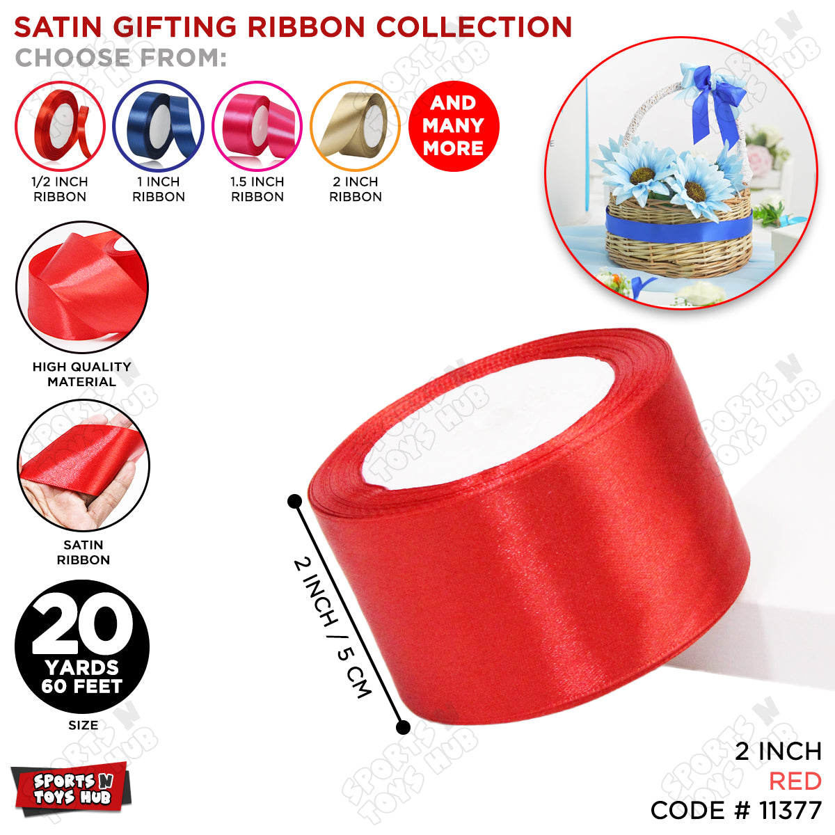 2 Inch x 20 Yards – Plain Satin Ribbon Roll for Ribbon Flowers, Crafts, Gift Wrapping & Decor