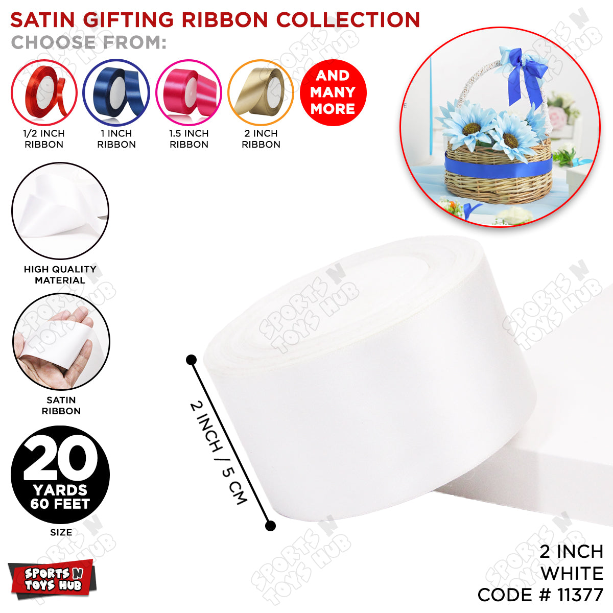2 Inch x 20 Yards – Plain Satin Ribbon Roll for Ribbon Flowers, Crafts, Gift Wrapping & Decor