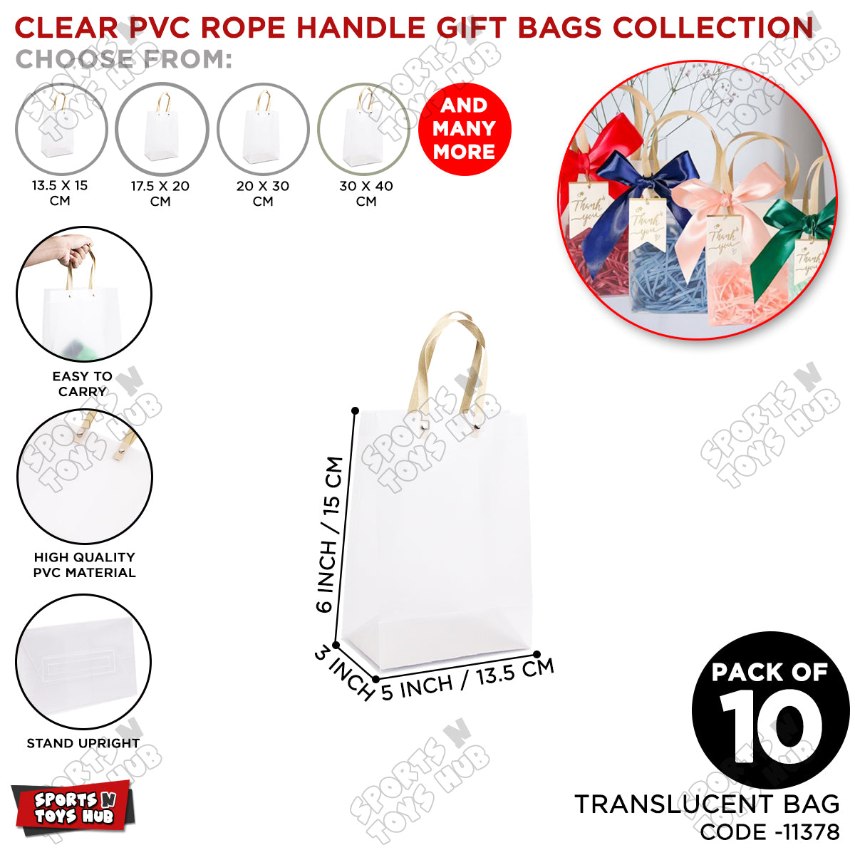 Frosted PVC Translucent Tote Gift Bags with Flat Paper Rope Handles – Pack of 10