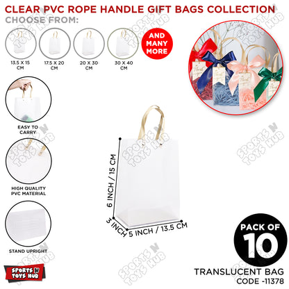 Frosted PVC Translucent Tote Gift Bags with Flat Paper Rope Handles – Pack of 10