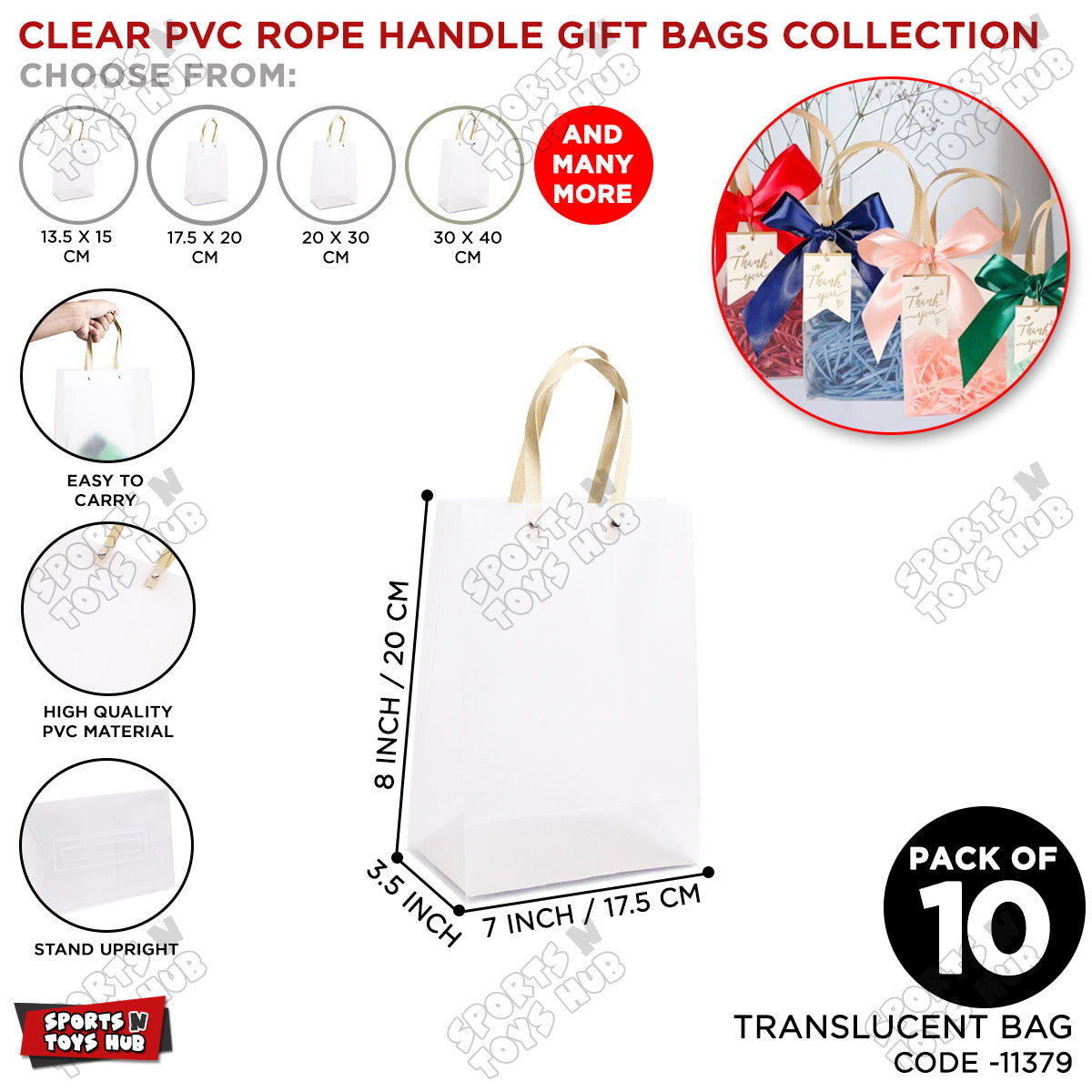 Frosted PVC 17.5x20x8.5 Cm Translucent Tote Gift Bags with Flat Paper Rope Handles – Pack of 10
