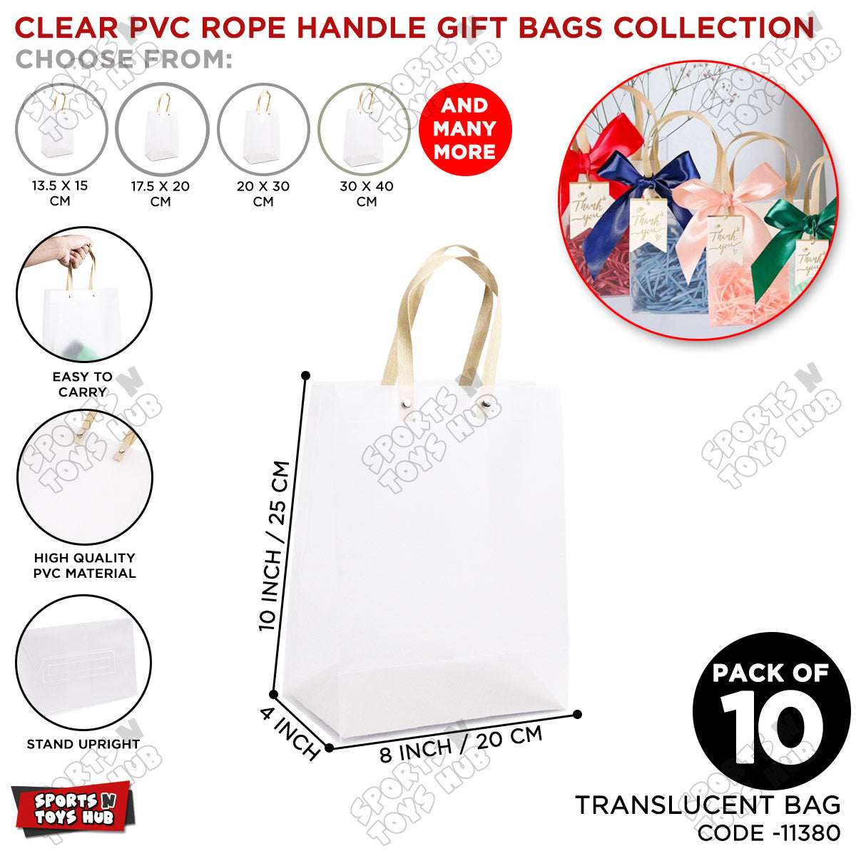 Frosted PVC 20x25x4 Cm Translucent Tote Gift Bags with Flat Paper Rope Handles – Pack of 10