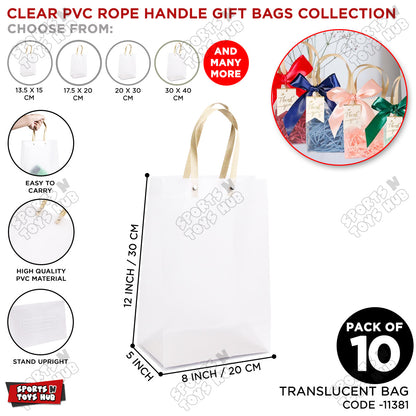 Frosted PVC Translucent Tote Gift Bags with Flat Paper Rope Handles – Pack of 10