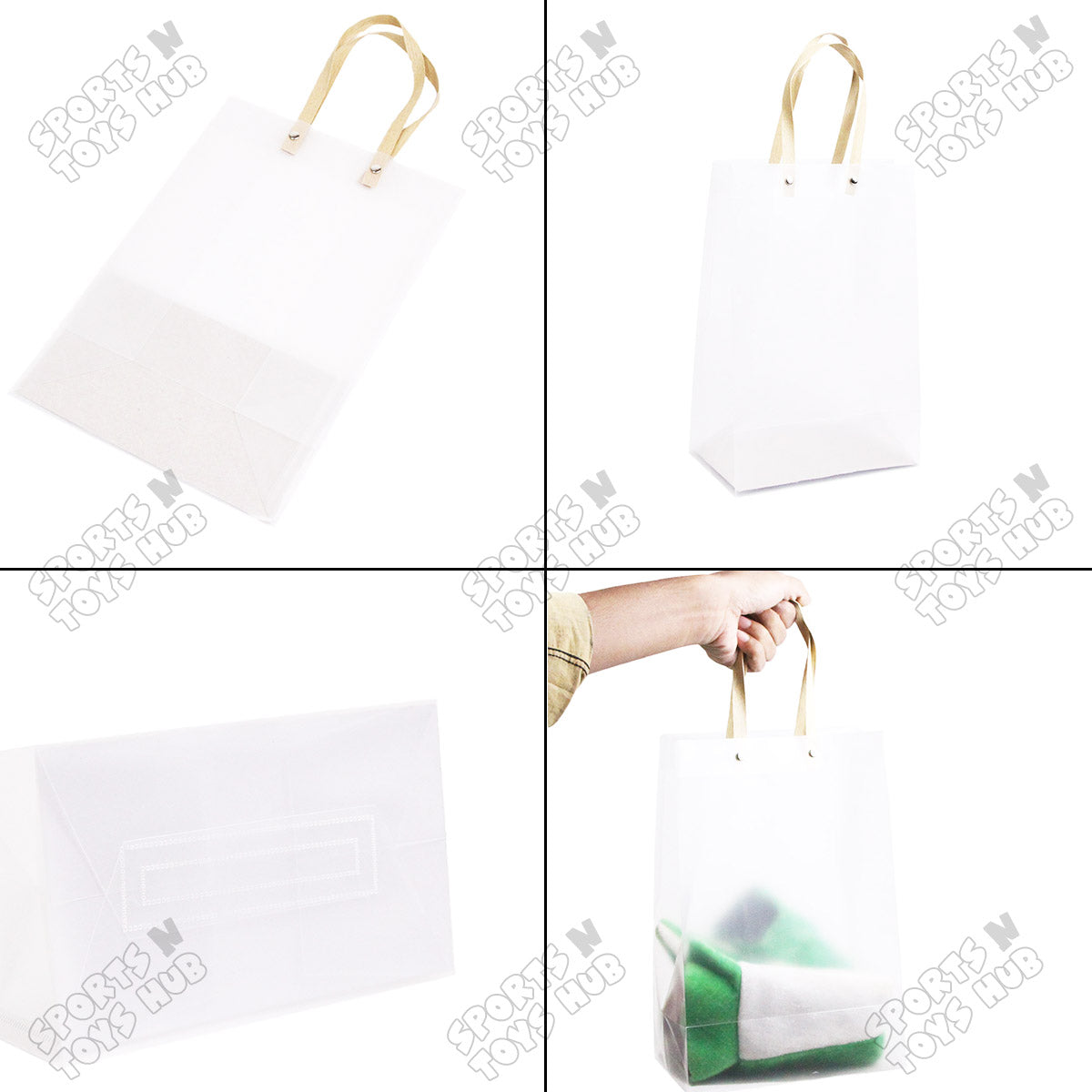 Frosted PVC Translucent Tote Gift Bags with Flat Paper Rope Handles – Pack of 10