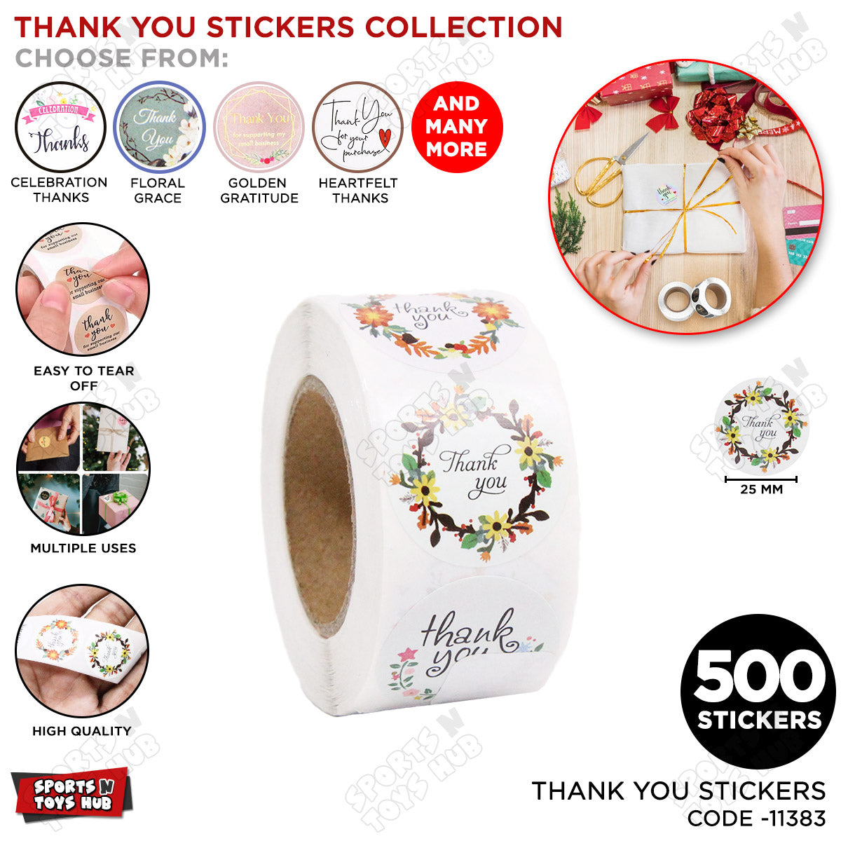 Thank You Rustic Floral Elegance Stickers Roll - 500 PCS