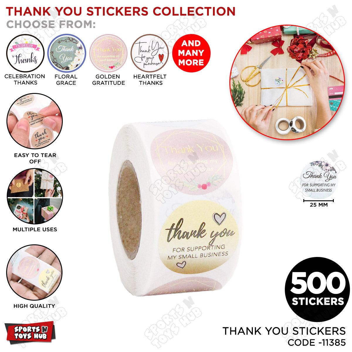 Thank You for Supporting Small Business Gratitude Stickers Roll - 500 PCS