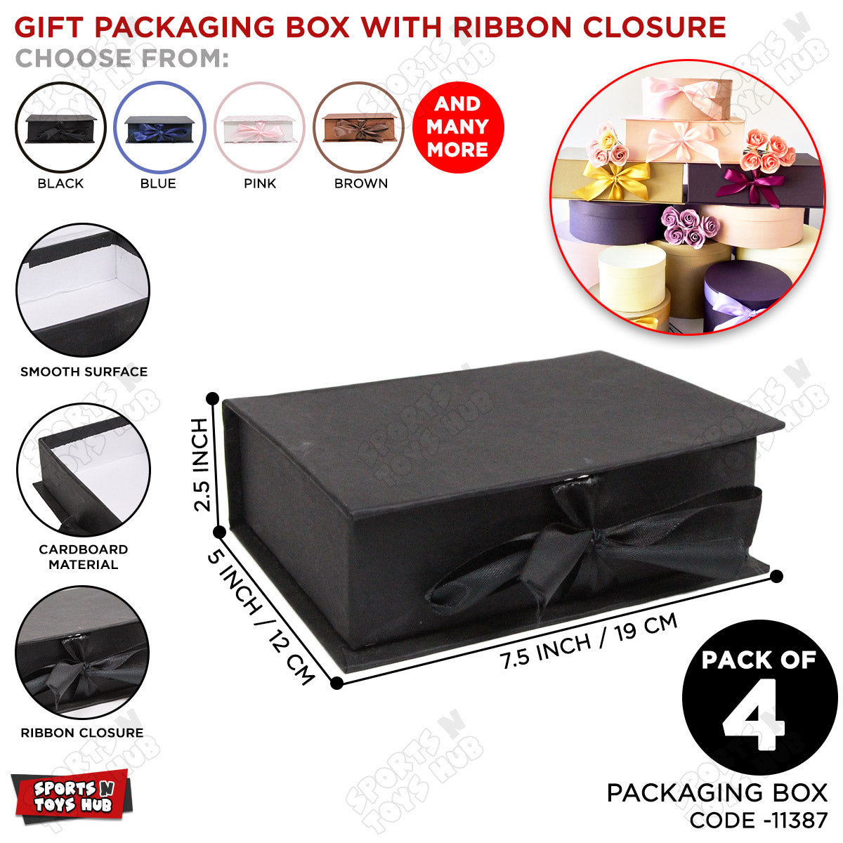 Gift Packaging Box with Ribbon Closure – Pack of 4