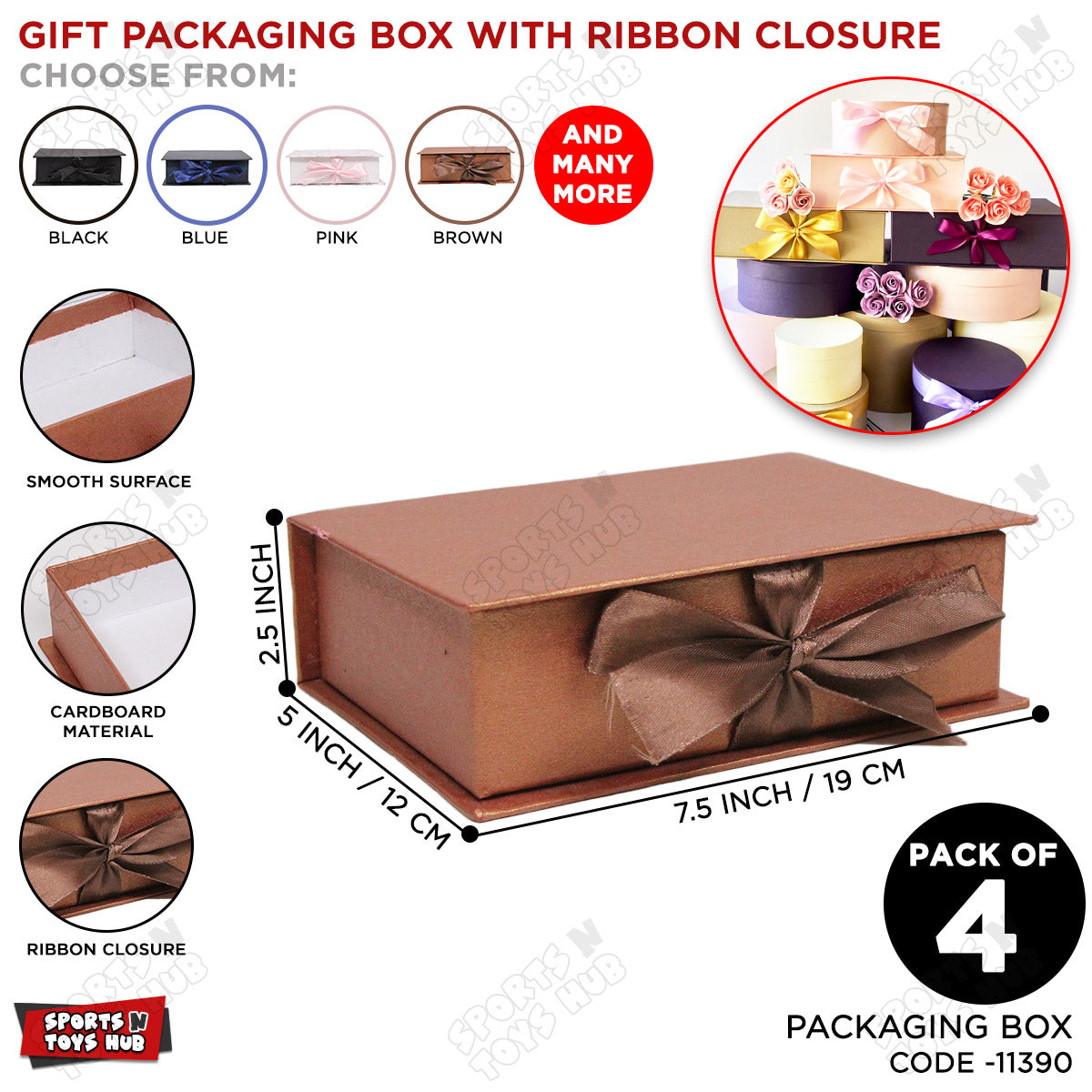 Gift Packaging Box with Ribbon Closure – Pack of 4