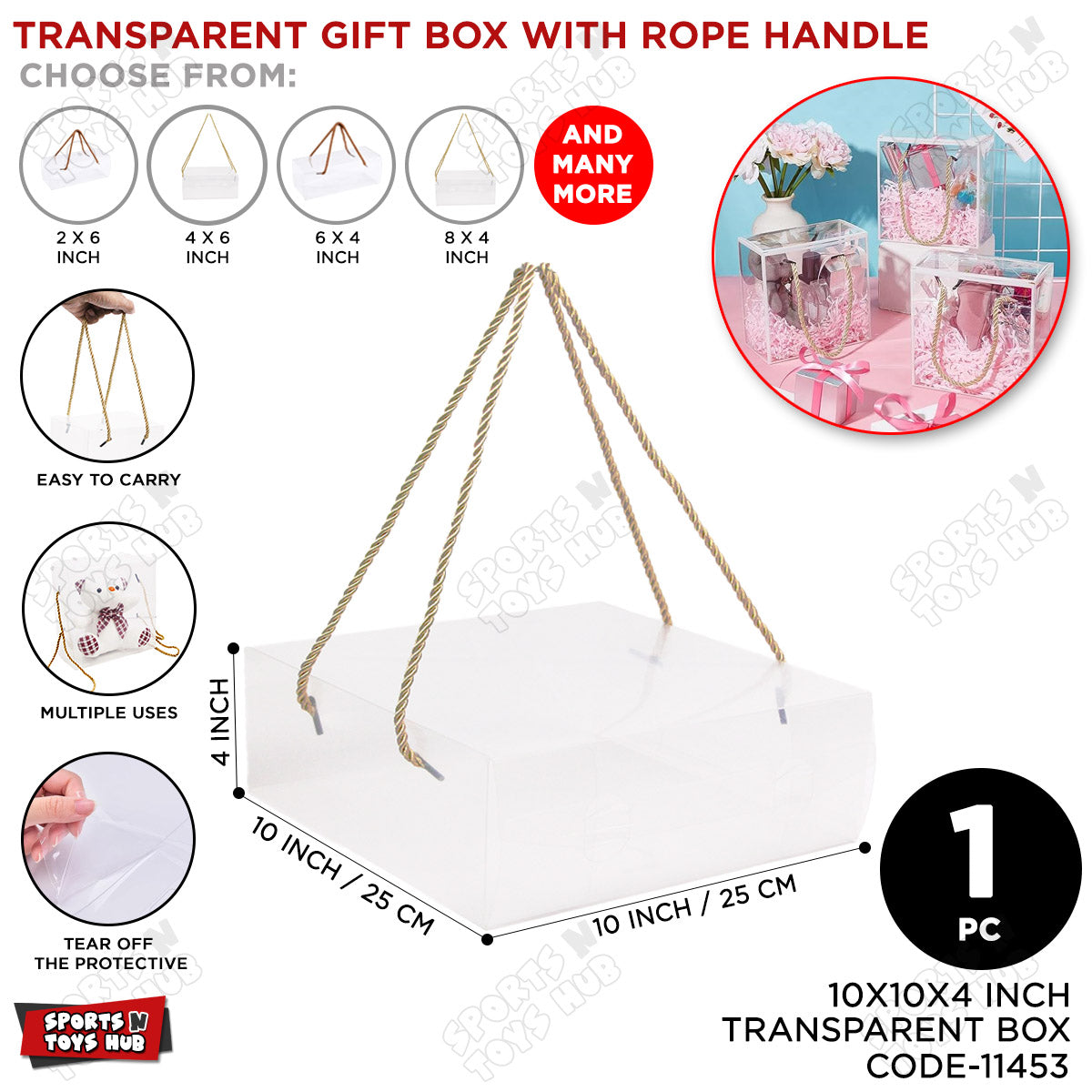 10x10x4 Inch Transparent PVC Plastic Sheet Box With Rope Handle - 1 Pc