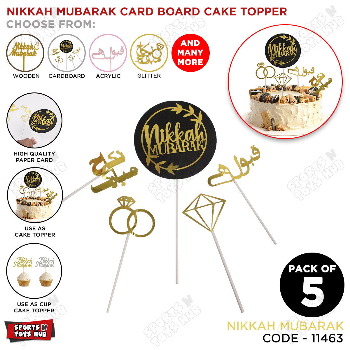 Nikkah Mubarak Cardboard Cake Topper - Pack Of 5