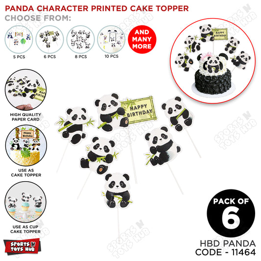 Panda Cartoon Characters HBD Cake Topper - 6 Pcs