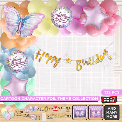 Butterfly Foil Balloon Set With Happy Birthday Cursive Banner Arch Theme - Pack Of 132