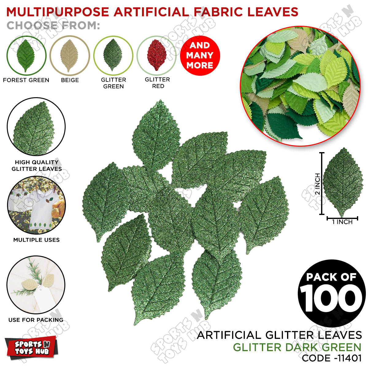 Artificial Glitter Fabric Rose Leaves – Pack of 100
