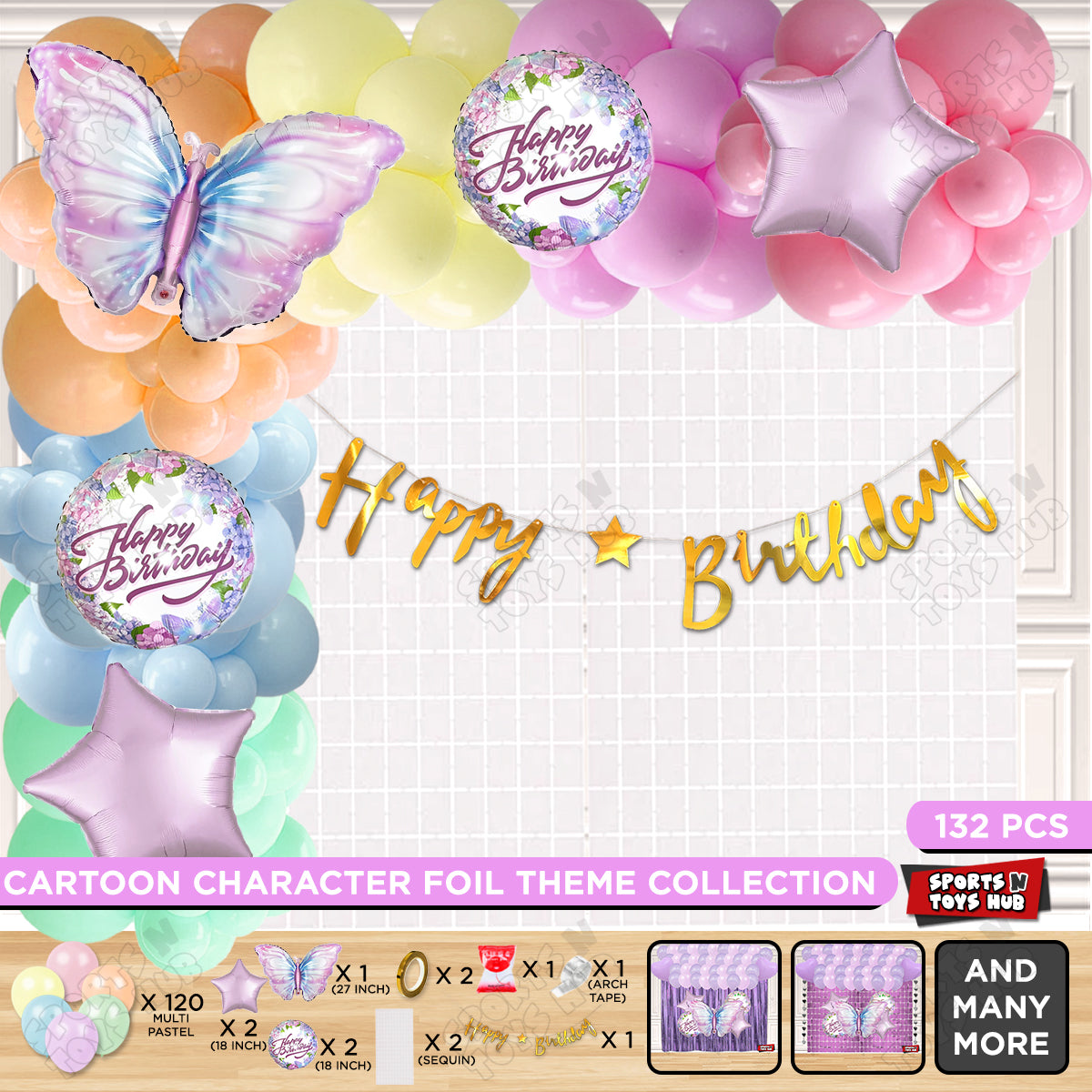 Butterfly Foil Balloon Set With Happy Birthday Cursive Banner Arch Theme - Pack Of 132