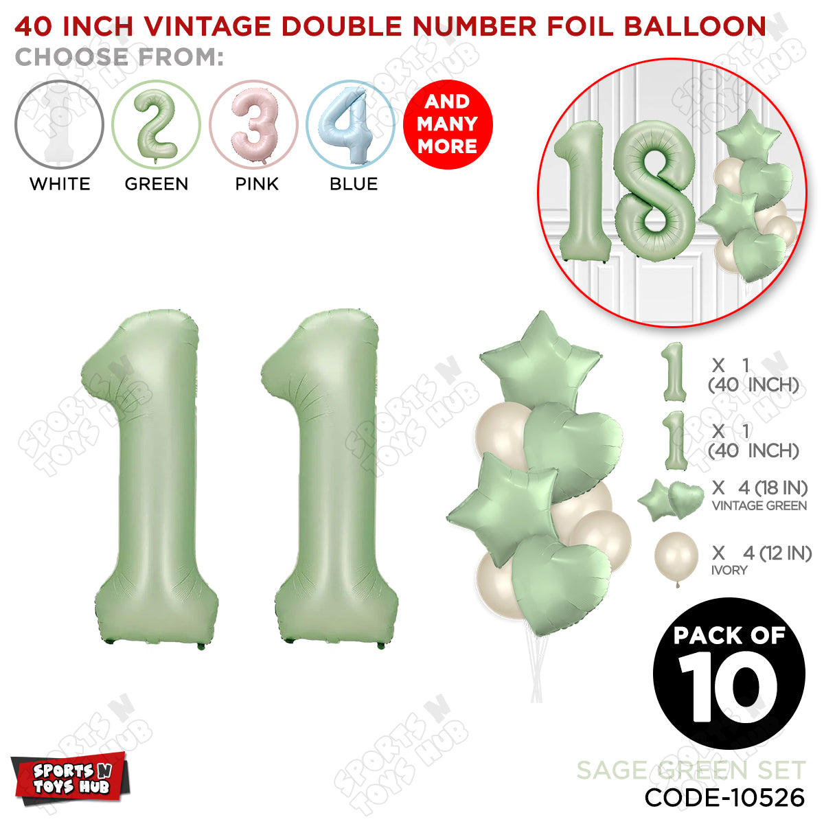 Sage Green Color 40 Inch Number Foil Balloon Set