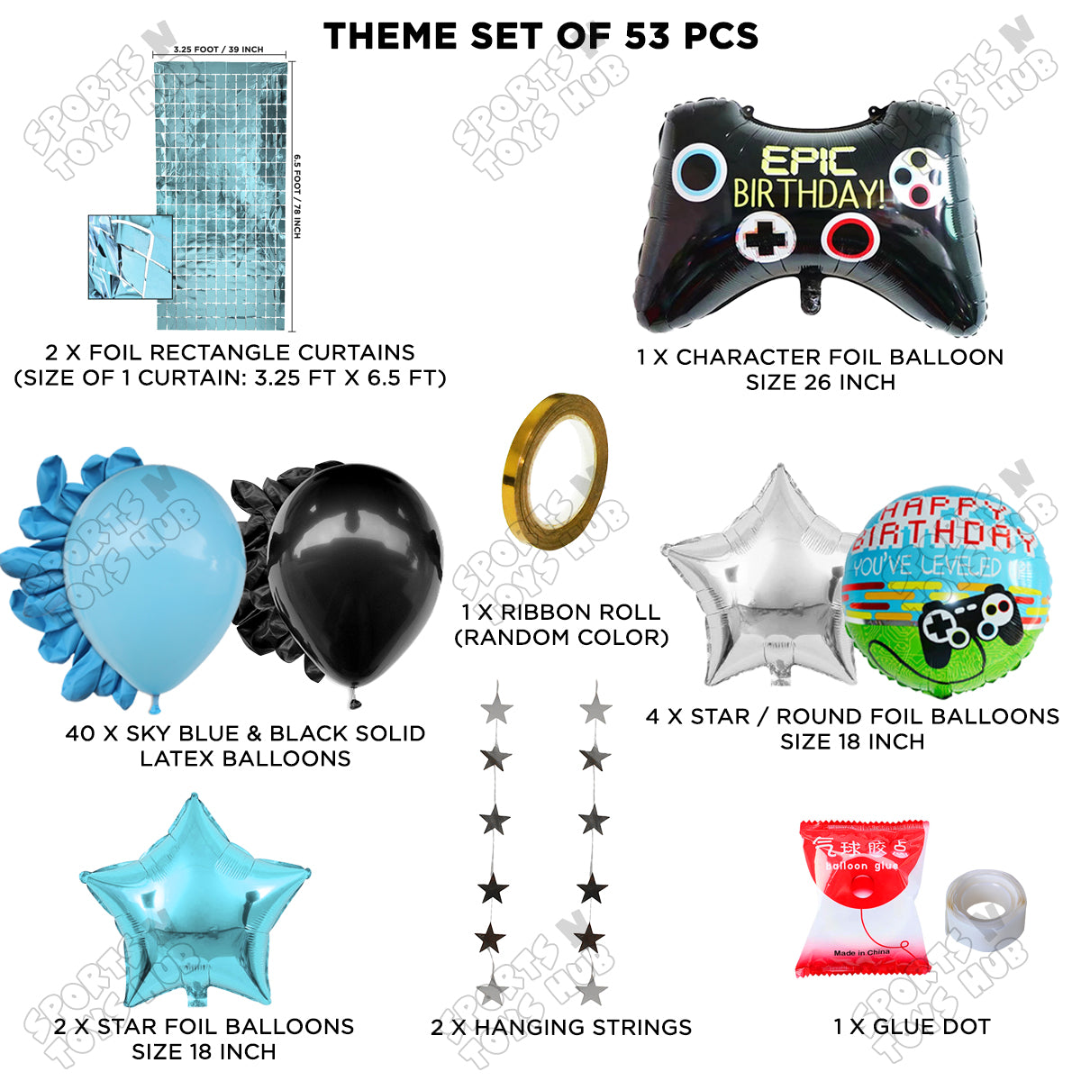 Game Controller Foil Balloon Rectangle Curtain Theme - Blue & Black