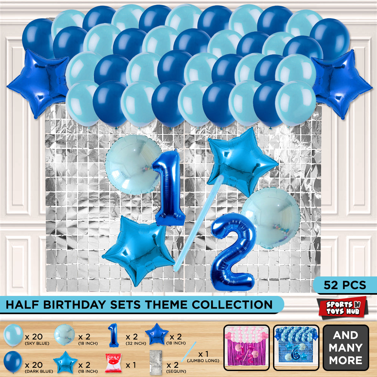 Half Birthday Foil Balloon Theme With Rectangle Curtain - Blue