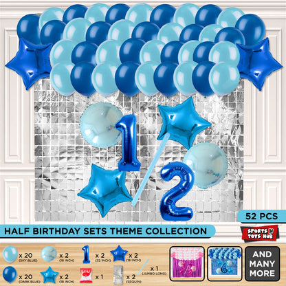 Half Birthday Foil Balloon Theme With Rectangle Curtain - Blue